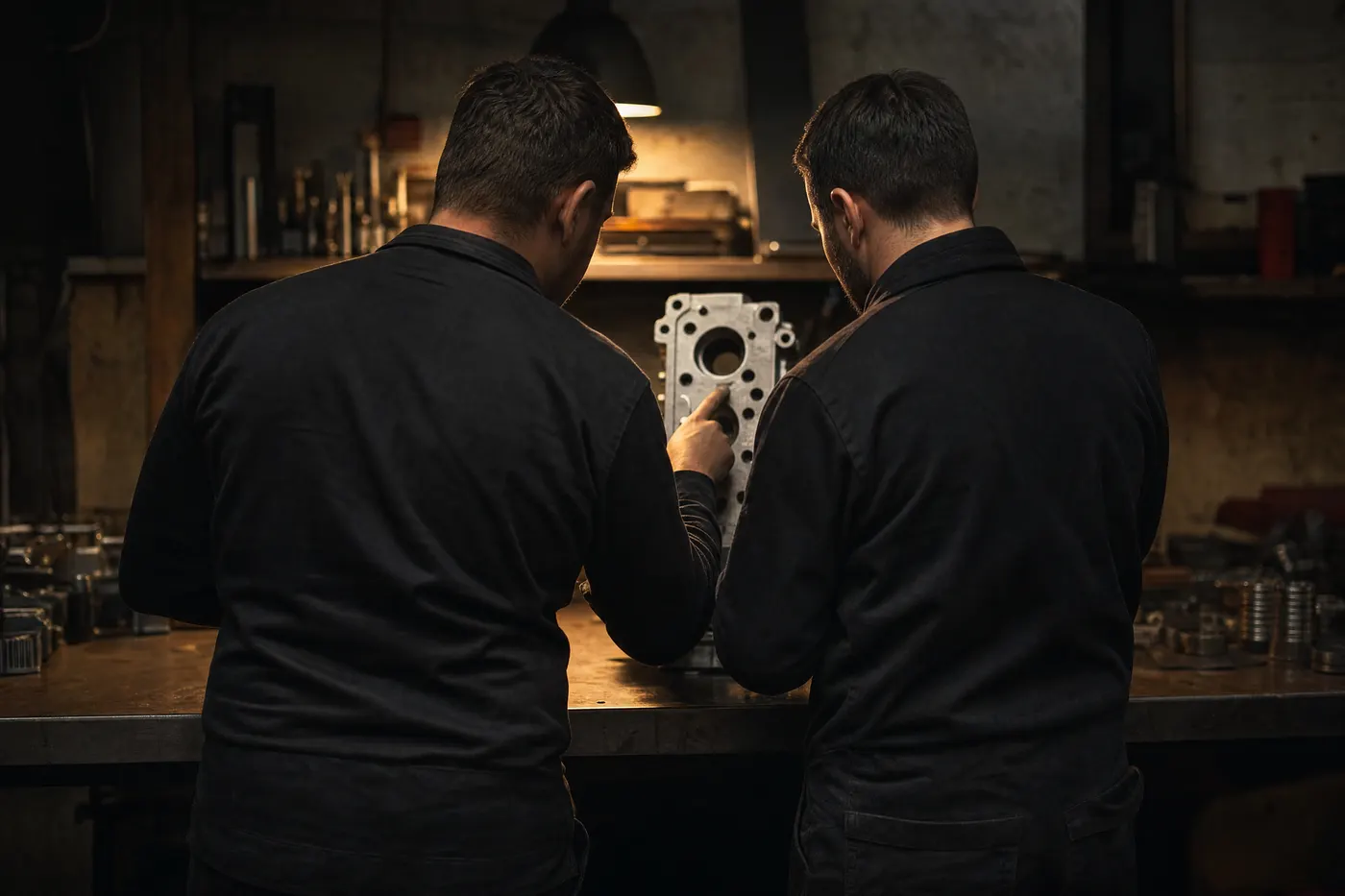 Zwei Personen von hinten an der Werkbank, ein Teil in der Hand